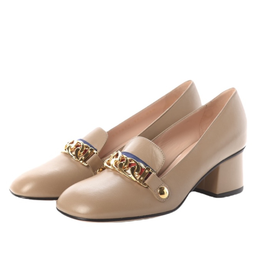 Gucci Sylvie Chain Leather Pumps Beige Malaga Kid Mid Heel Loafers
